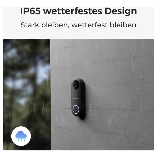 'IP65 wetterfestes Design' Kamera an einer Wand im Regen, symbolisiert Widerstandsfähigkeit gegen Wetter.